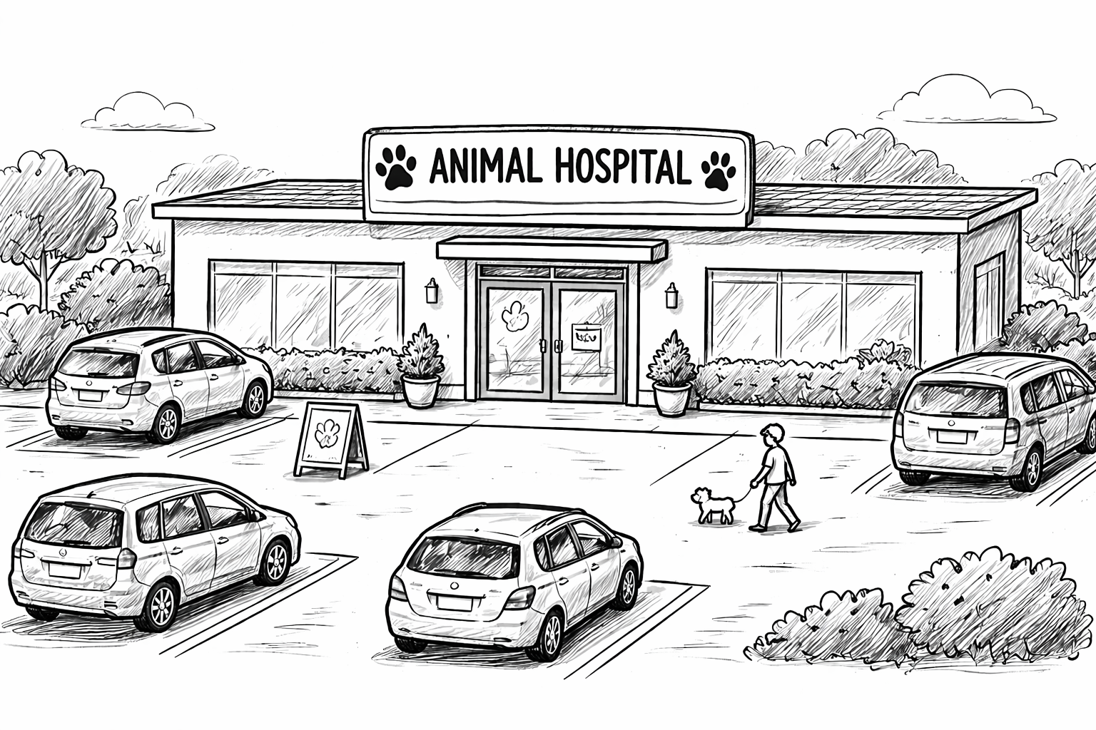 A welcoming neighborhood animal hospital with a person walking their dog toward the entrance.