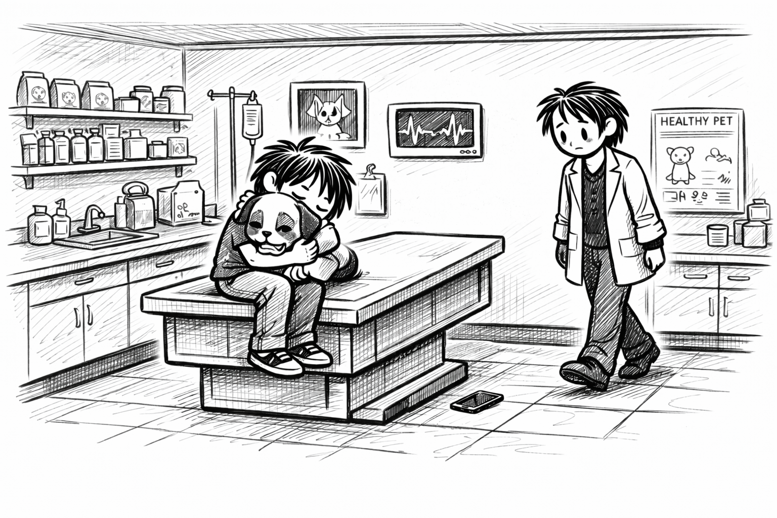A pet owner hugging their pet on an exam table after receiving difficult news, a dropped phone on the floor.