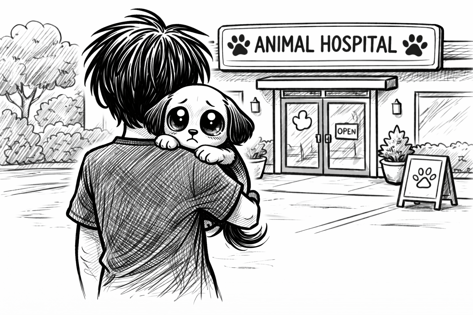 A person carrying their small dog toward an animal hospital.