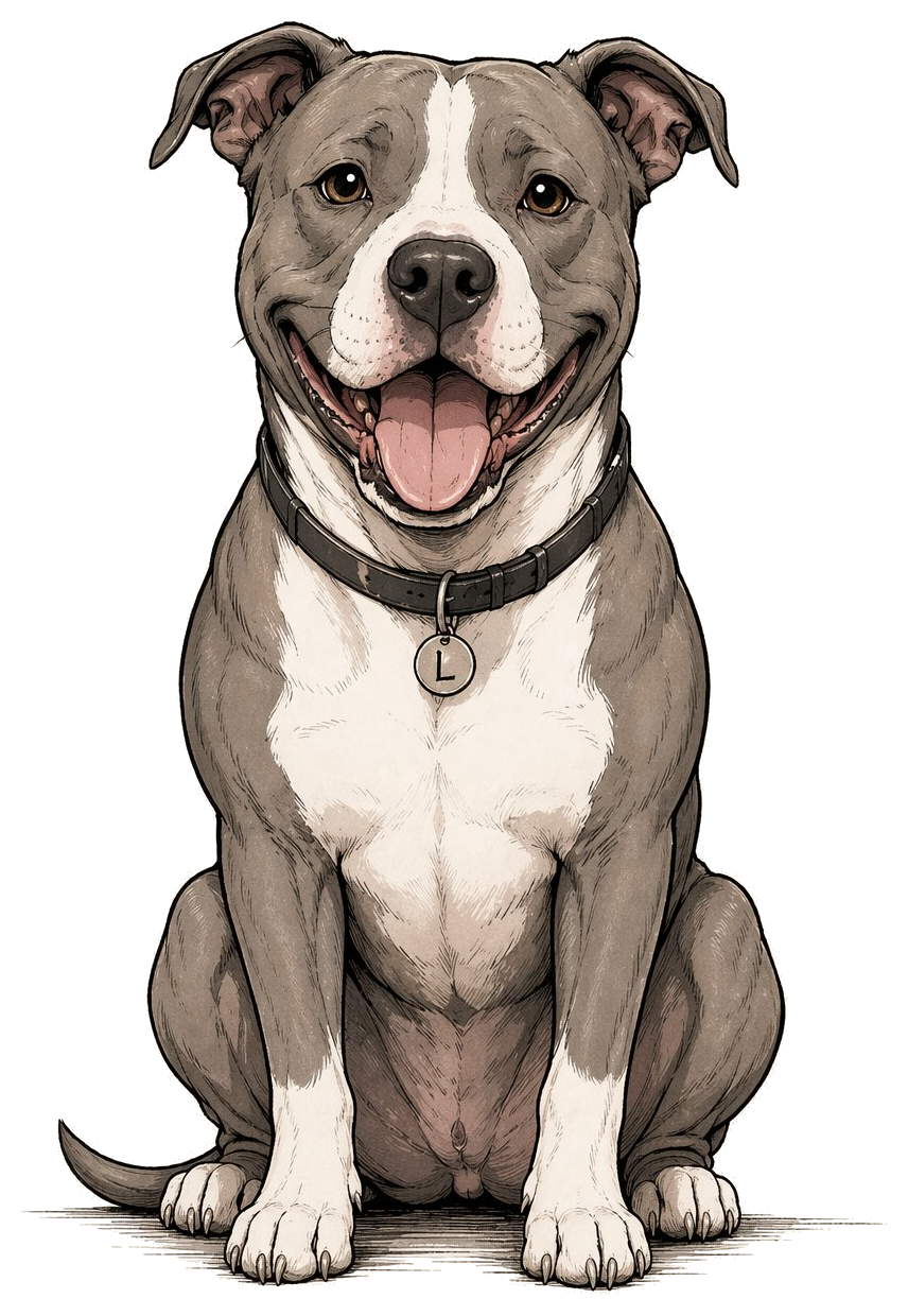 Loonuhh, a smiling pit bull mix, sitting and looking at the viewer.